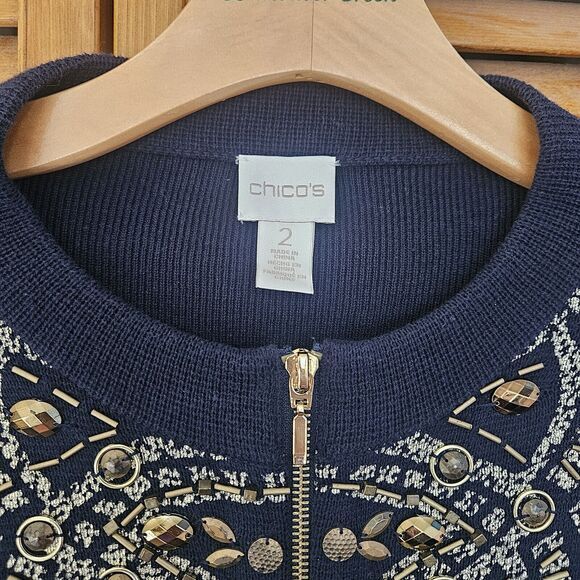 Chico’s Demitria Cardigan Women L Navy Gold Embroidered Byzantine Beaded Zip‎ Up - Picture 3 of 11